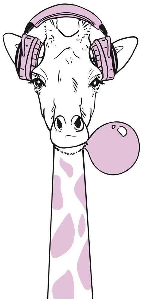 Giraffe mit Kaugummi und Kopfhörer